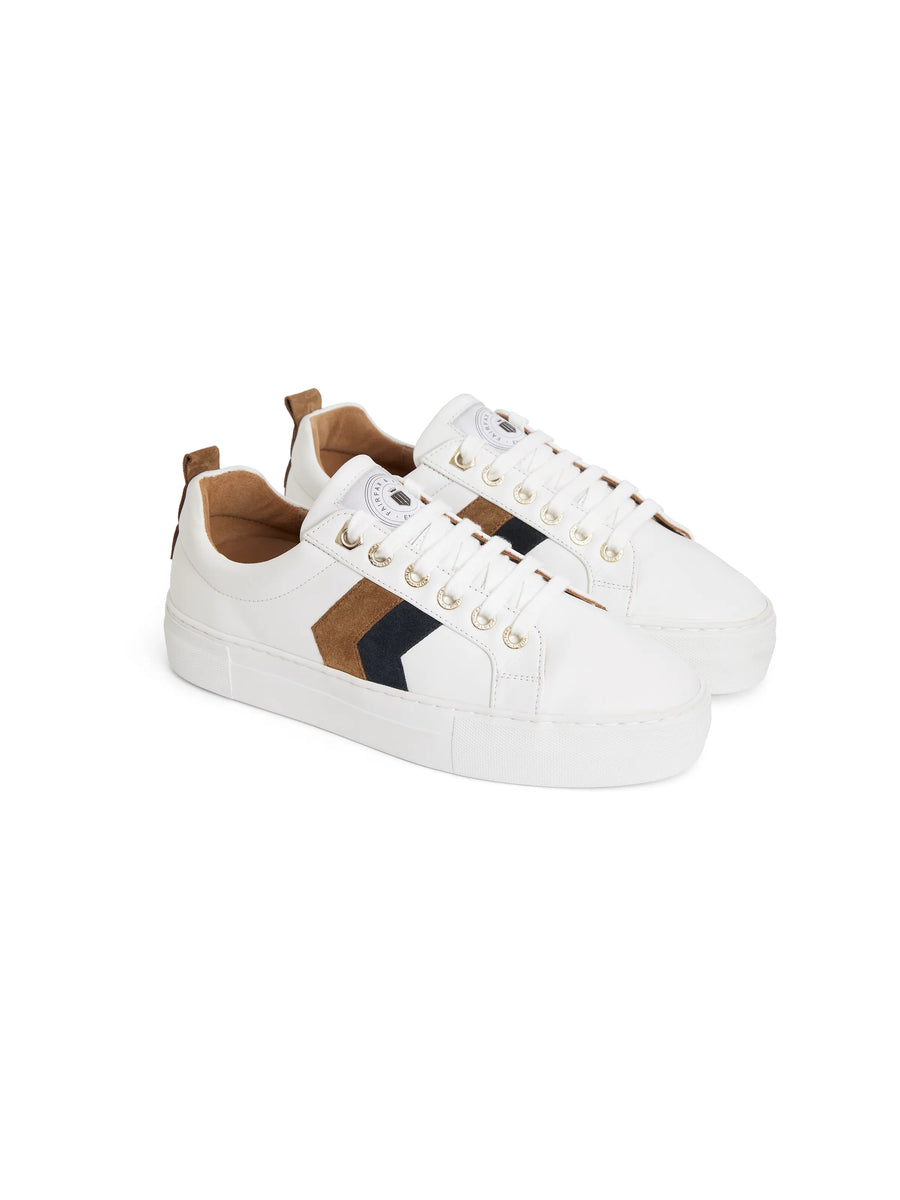 The Alexandra - Women's Platform Trainers - White Leather with Tan & Navy Suede