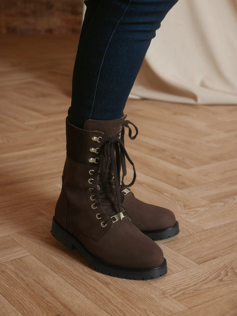 The Anglesey - Shearling Lined Combat Boots - Chocolate Nubuck