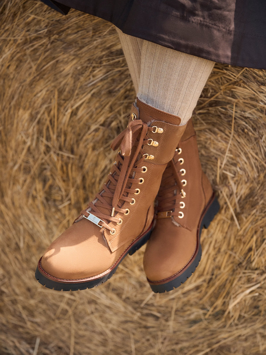 The Anglesey - Shearling Lined Combat Boots - Cognac Nubuck