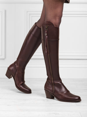 The Regina - Women's Tall Heeled Boot - Mahogany Leather, Narrow Calf