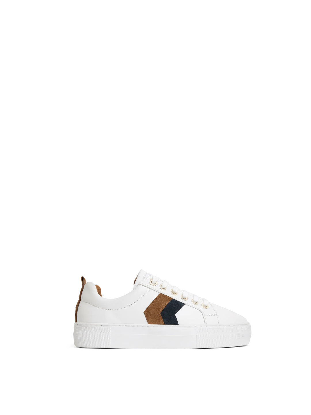 Women's Platform Trainers - White Leather with Tan & Navy Suede
