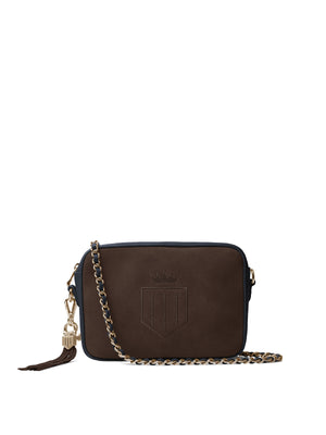 The Finsbury - Women's Crossbody Bag - Chocolate suede and Navy leather