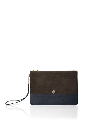 The Highbury - Women's Clutch Bag - Chocolate suede and Navy leather
