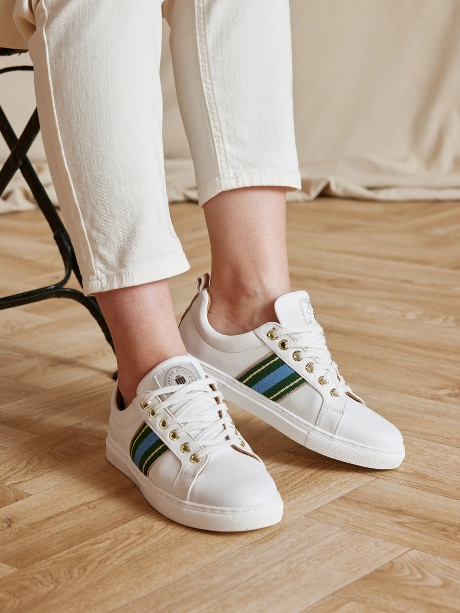 The Boston - Women's Trainer - White Leather with Clover Green & Sky Blue
