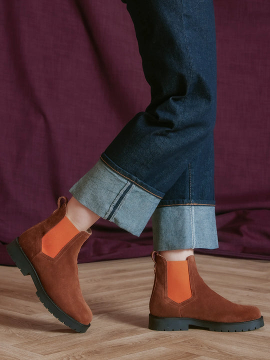 Sheepskin Boudica - Women's Ankle Boot - Tawny Suede with Orange