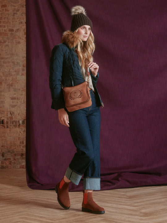Sheepskin Boudica - Women's Ankle Boot - Tawny Suede with Orange