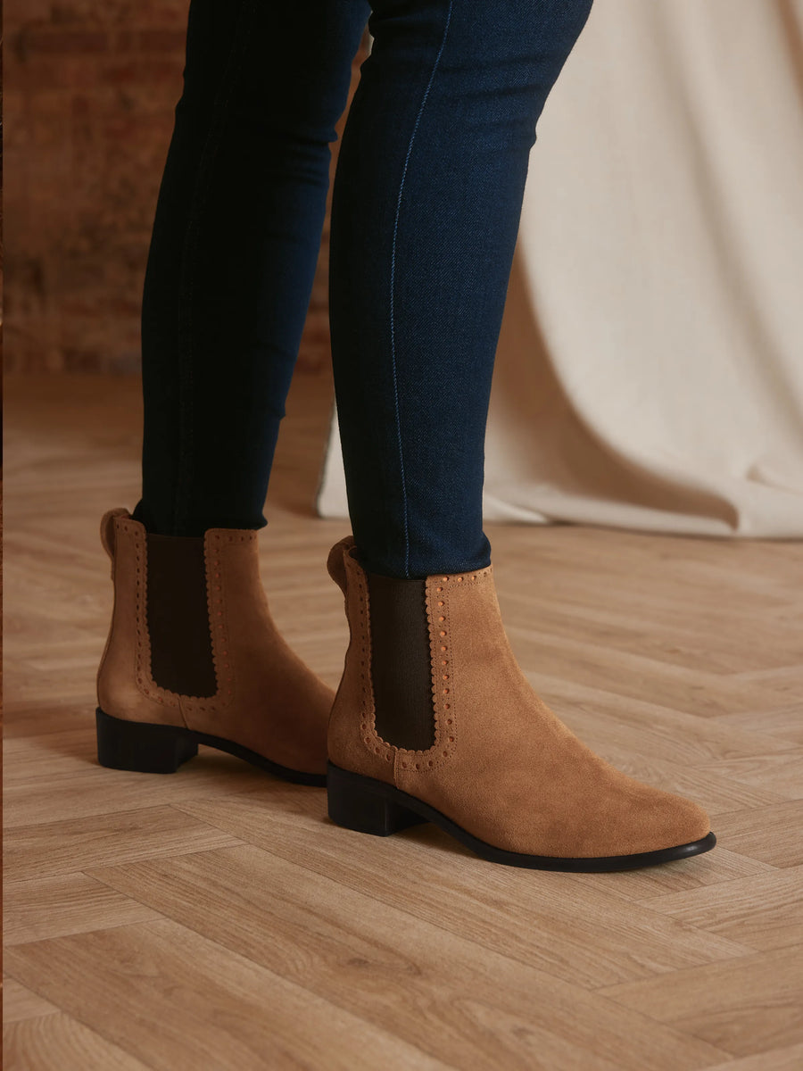 The Brogued Chelsea - Women's Ankle Boots - Tan Suede