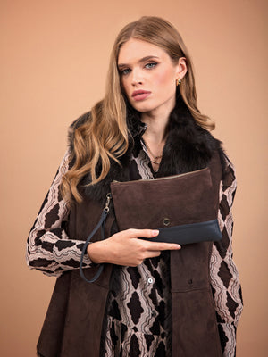 The Highbury - Women's Clutch Bag - Chocolate suede and Navy leather