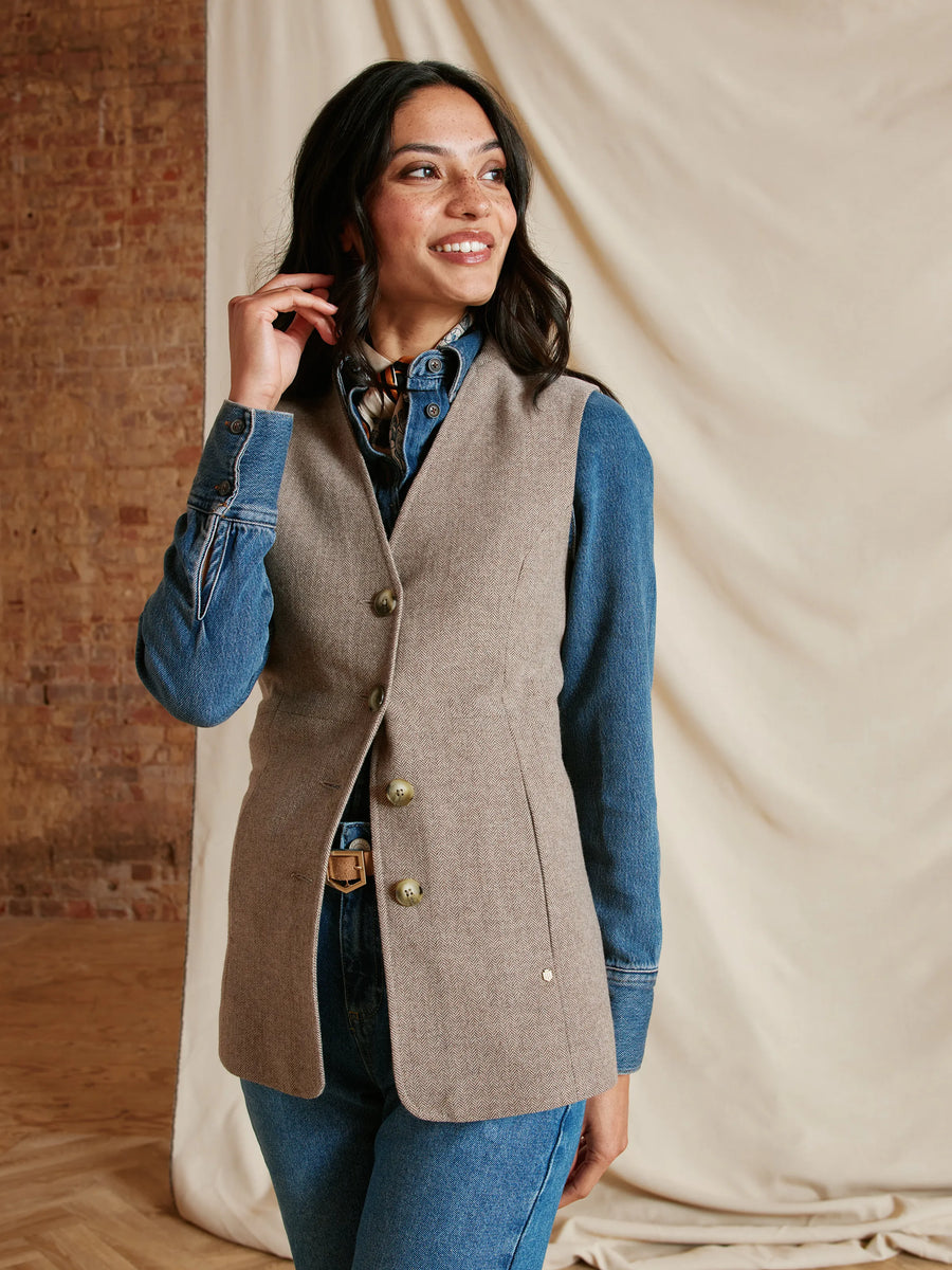 The Eliza - Women's Single Breasted Herringbone Gilet - Driftwood