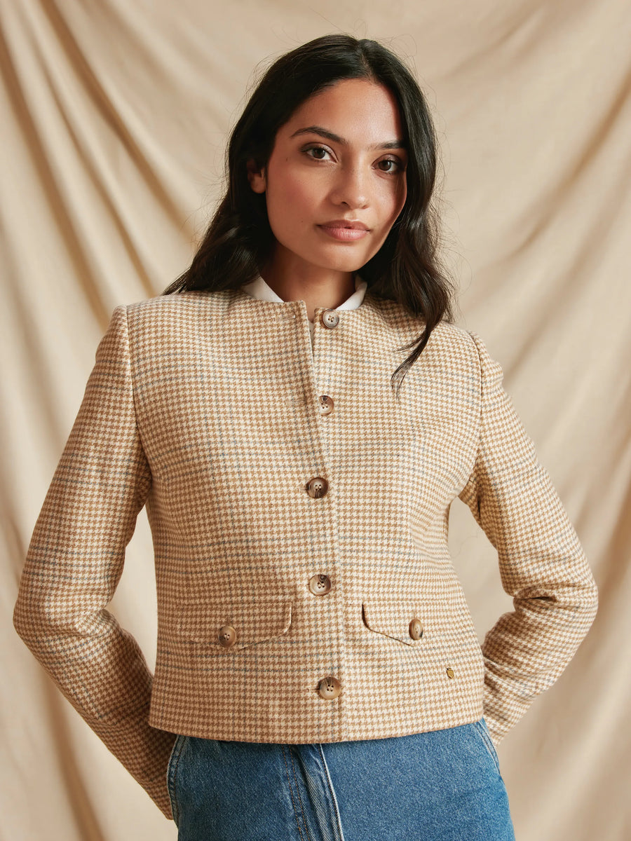 The Felicity - Women's Wool Cropped Jacket - Ecru Honey Check