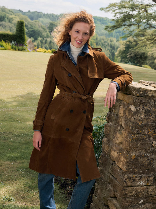 Frances Women's Trench Coat Tan Suede Fairfax Favor