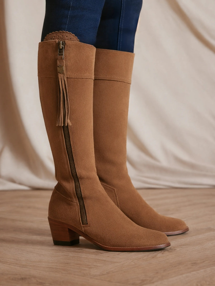 The Regina - Women's Petite Tall Heeled Boots - Tan Suede, Regular Calf