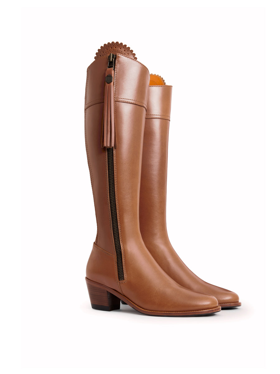 The Regina - Women's Tall Heeled Boots - Tan Leather, Regular Calf