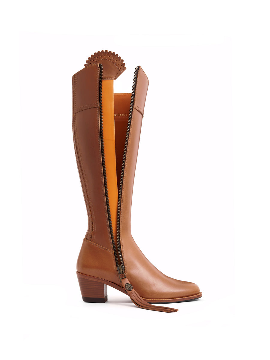 The Regina - Women's Tall Heeled Boots - Tan Leather, Regular Calf