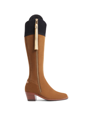 The Regina - Women's Tall Heeled Boot - Tan, Navy & Gold Suede, Regular Calf