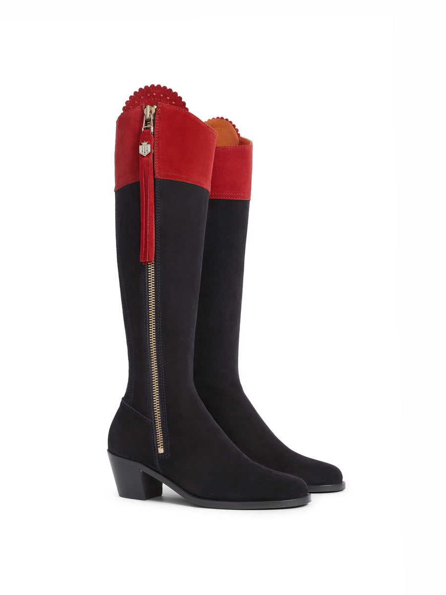 The Regina - Women's Tall Heeled Boots - Navy & Red Suede, Narrow Calf