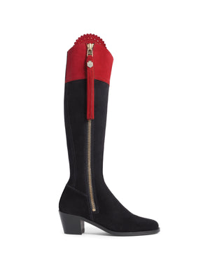 The Regina - Women's Tall Heeled Boot - Navy & Red Suede, Regular Calf