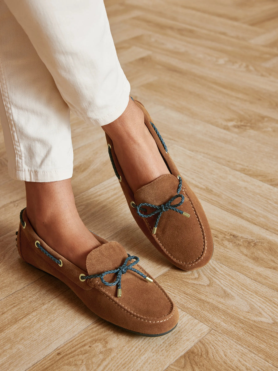 The Henley - Women's Driving Shoes - Tan & Navy Suede