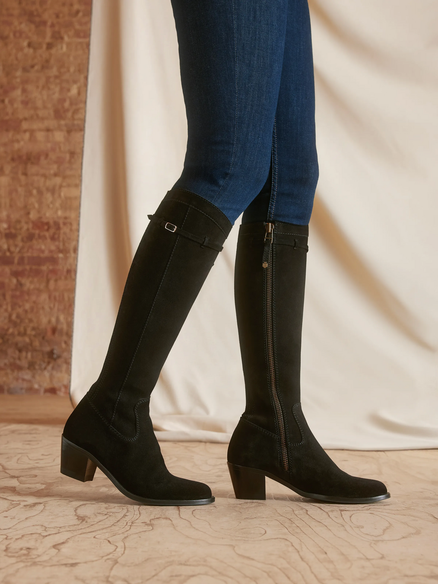 The Kimberley - Women's Knee-High Heeled Boots - Black Suede