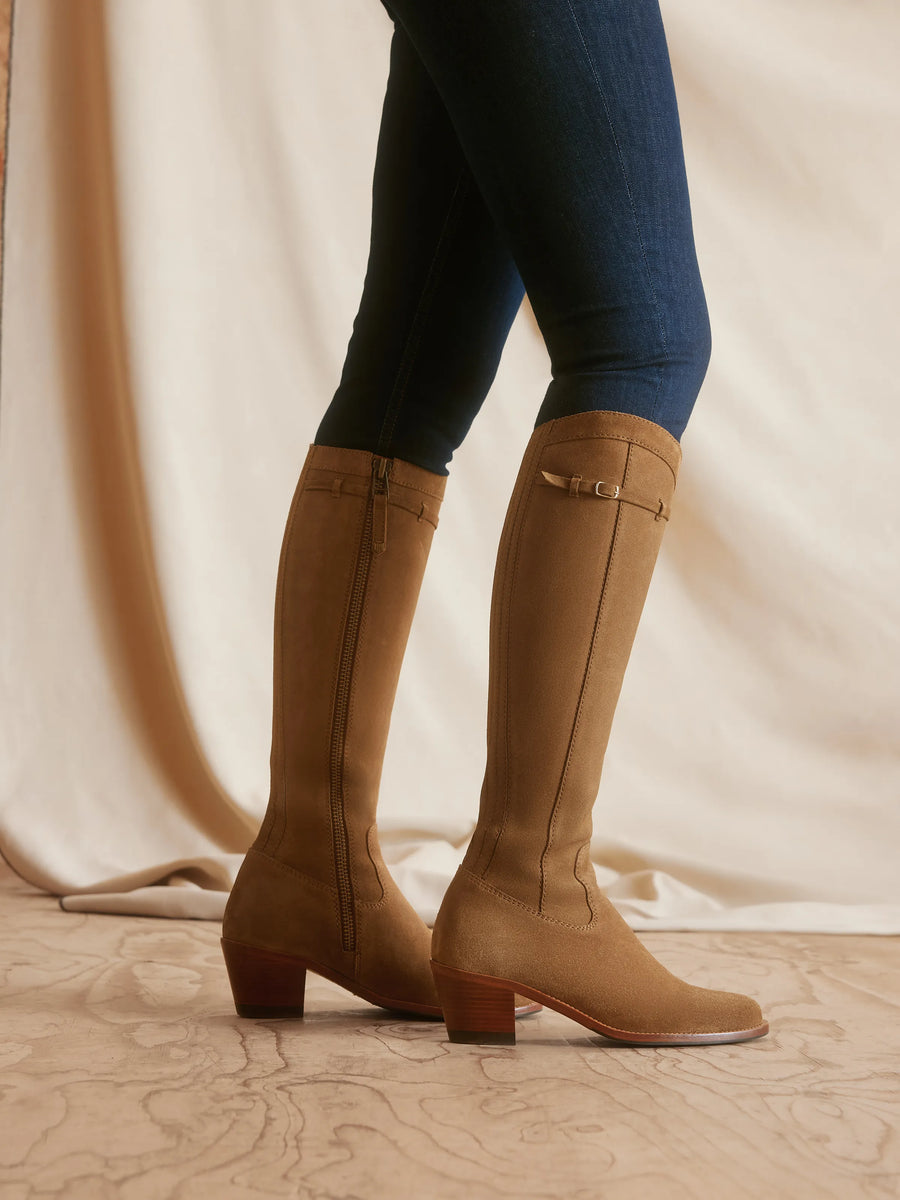 The Kimberley - Women's Knee-High Heeled Boots - Tan Suede
