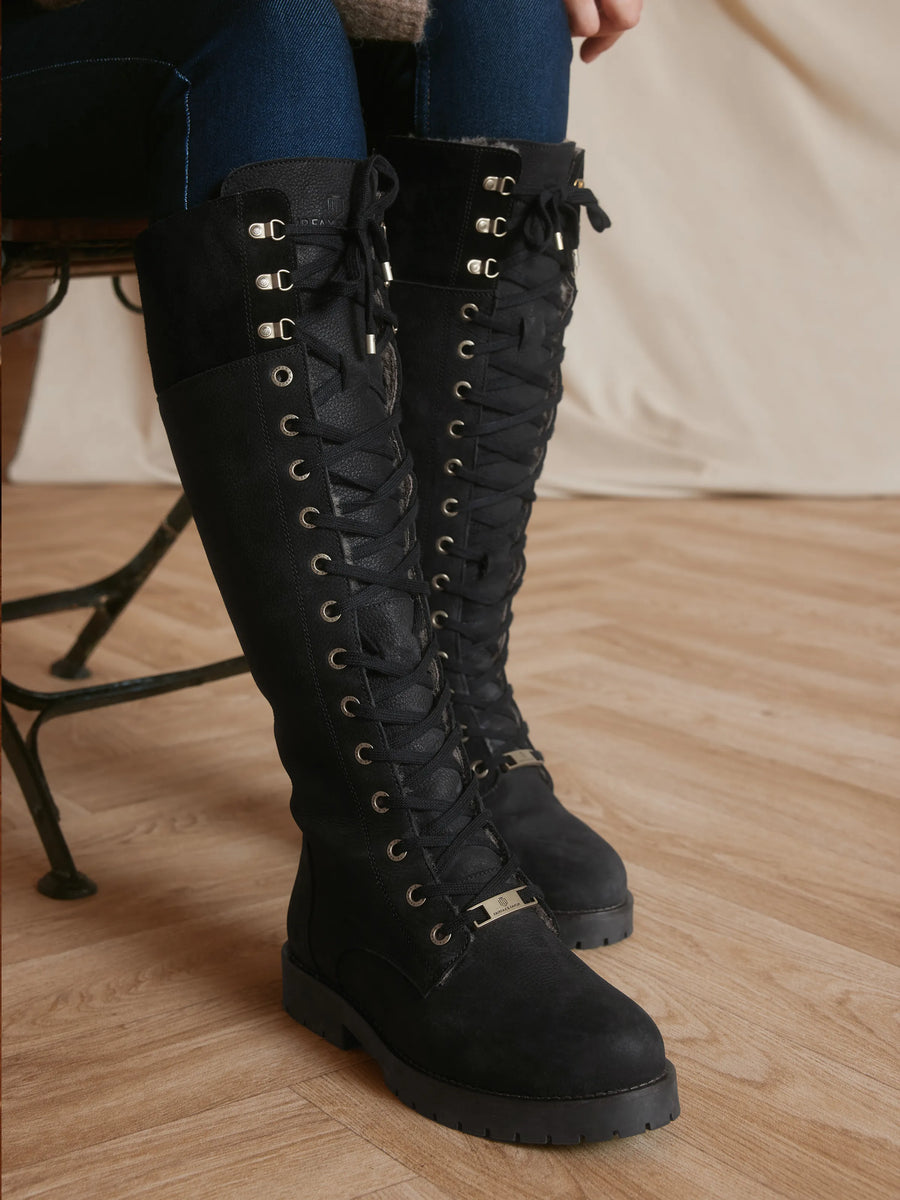 The Anglesey - Women's Knee-High Combat Boots - Black Nubuck & Suede