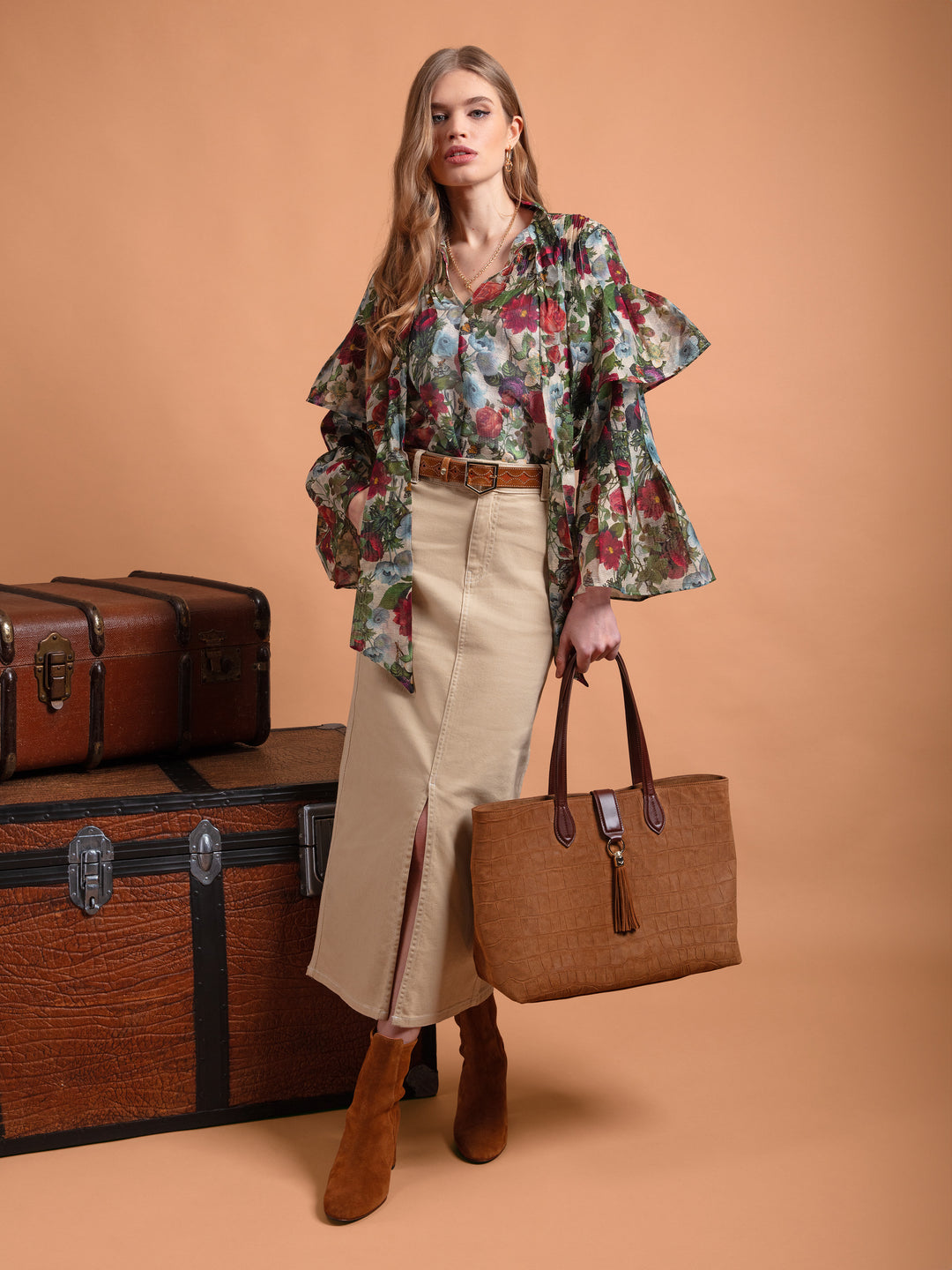 Langham Tote - Tan Croc Print Suede - Bags