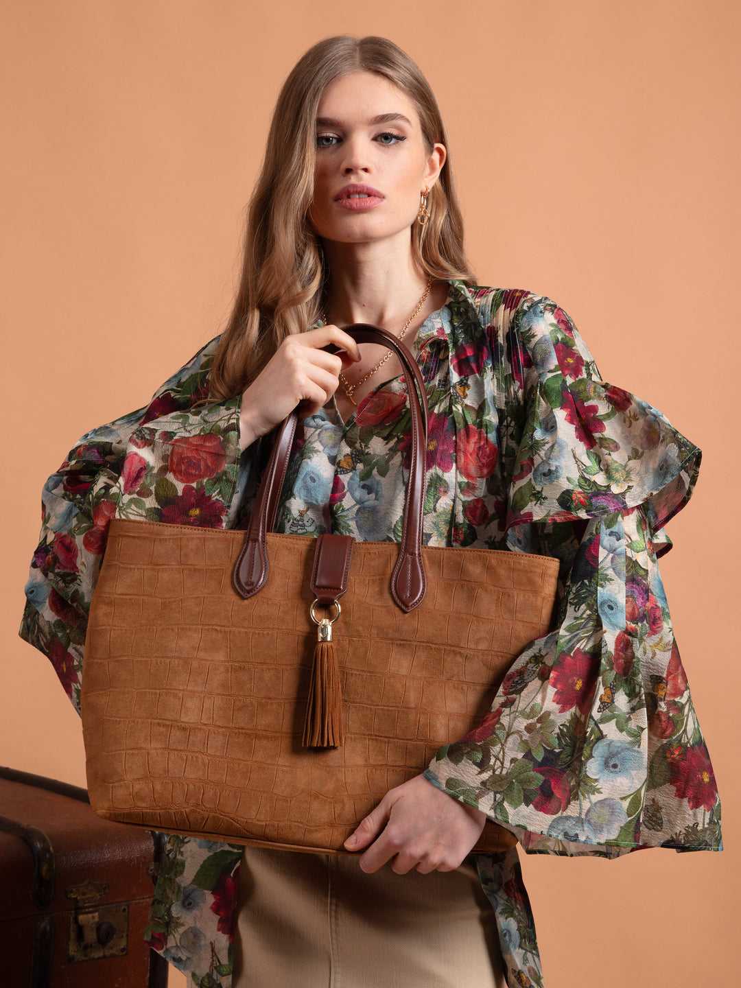 Langham Tote - Tan Croc Print Suede - Bags
