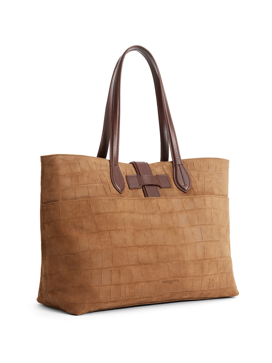 The Langham - Women's Tote - Tan Croc Print Suede
