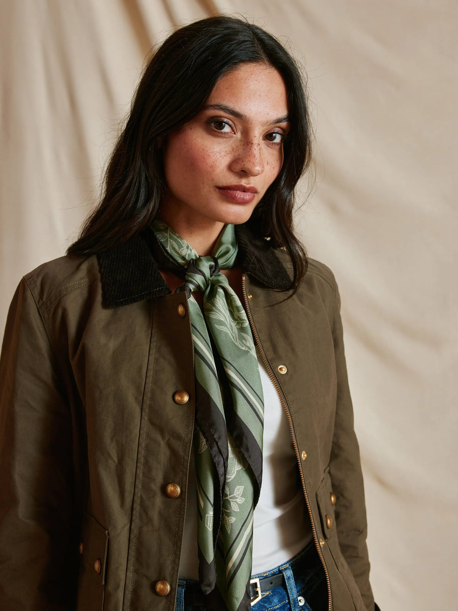 The Mannington - Women's Silk Scarf - Green, Off White & Black