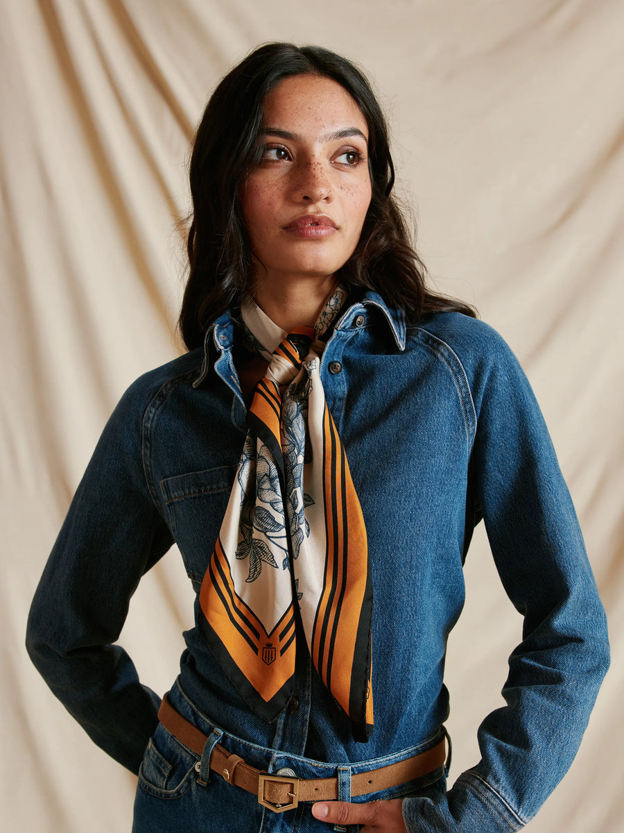 The Mannington - Women's Silk Scarf - Off White, Navy & Orange