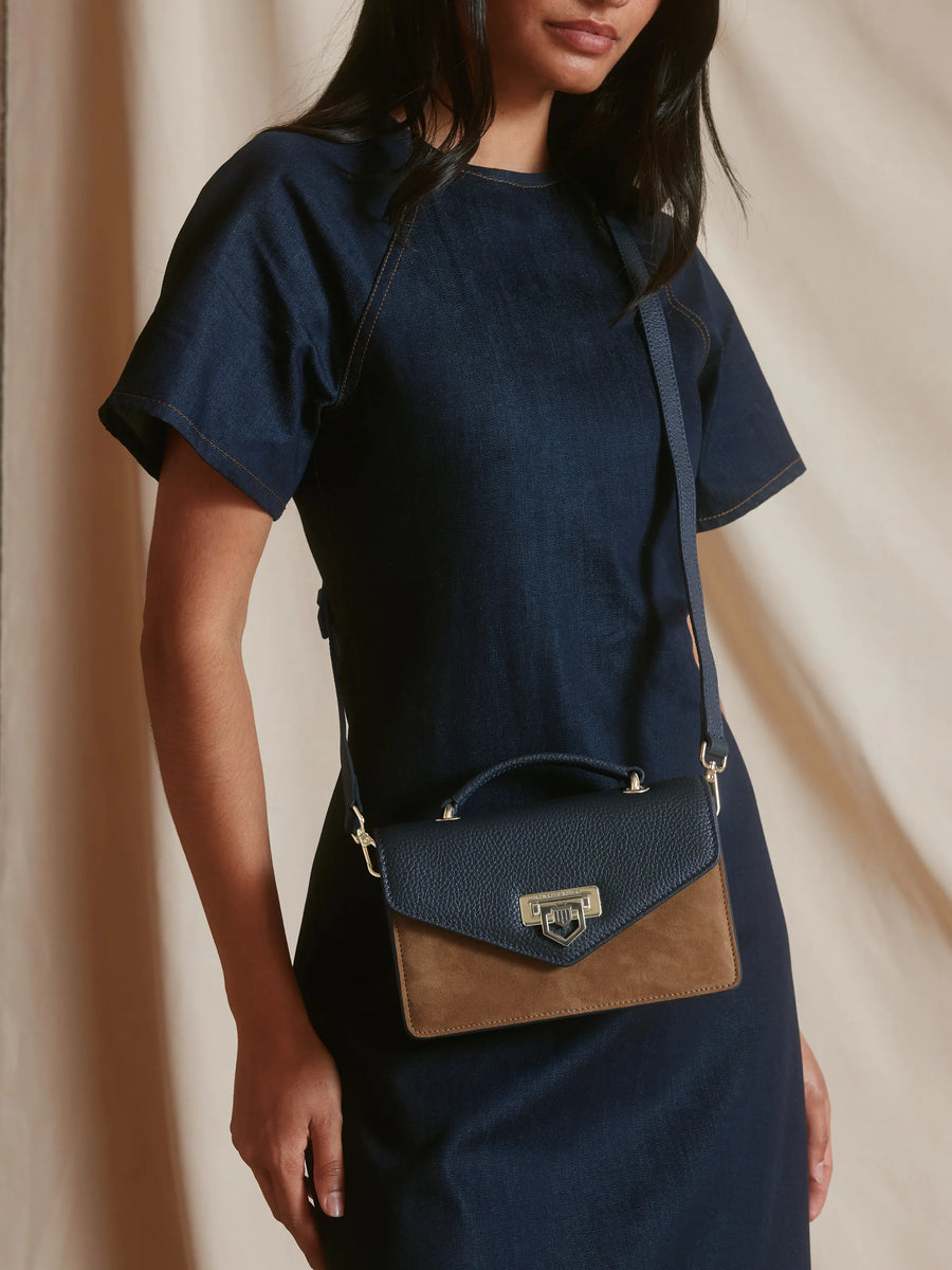 The Loxley - Women's Crossbody Bag - Tan & Navy Leather