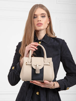 The Windsor - Women's Mini Handbag - Stone Leather  & Navy Suede