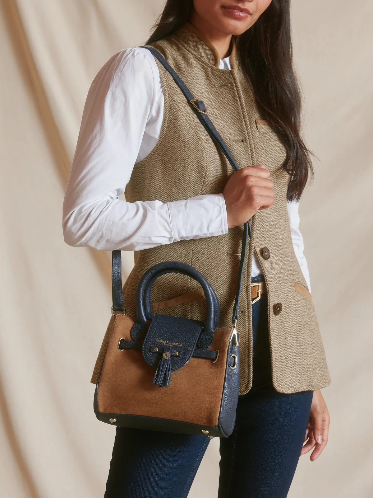 Mini Windsor - Women's Handbag - Tan & Navy | Fairfax & Favor
