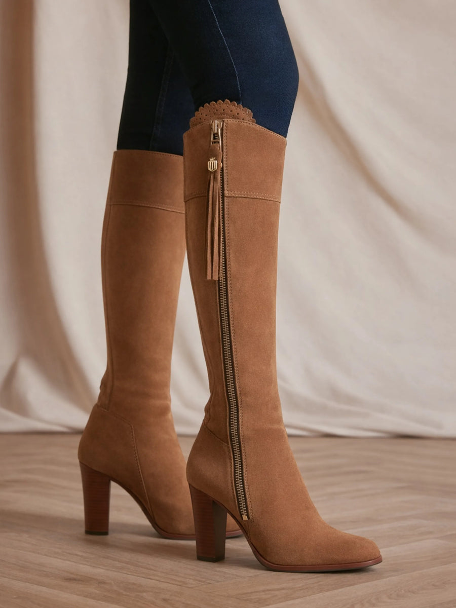 The Regina - Women's Tall High-Heeled Boots - Tan Suede, Narrow Calf