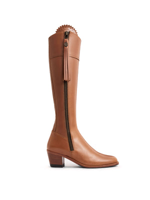 The Regina - Women's Tall Heeled Boot - Tan Leather, Narrow Calf