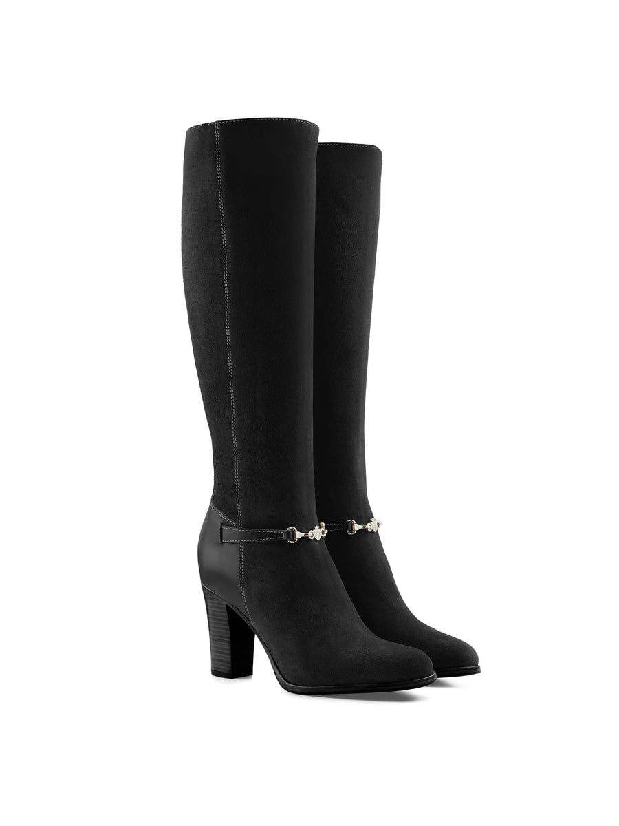 The Octavia - Women's Tall Heeled Boots - Black Suede, Sporting Calf