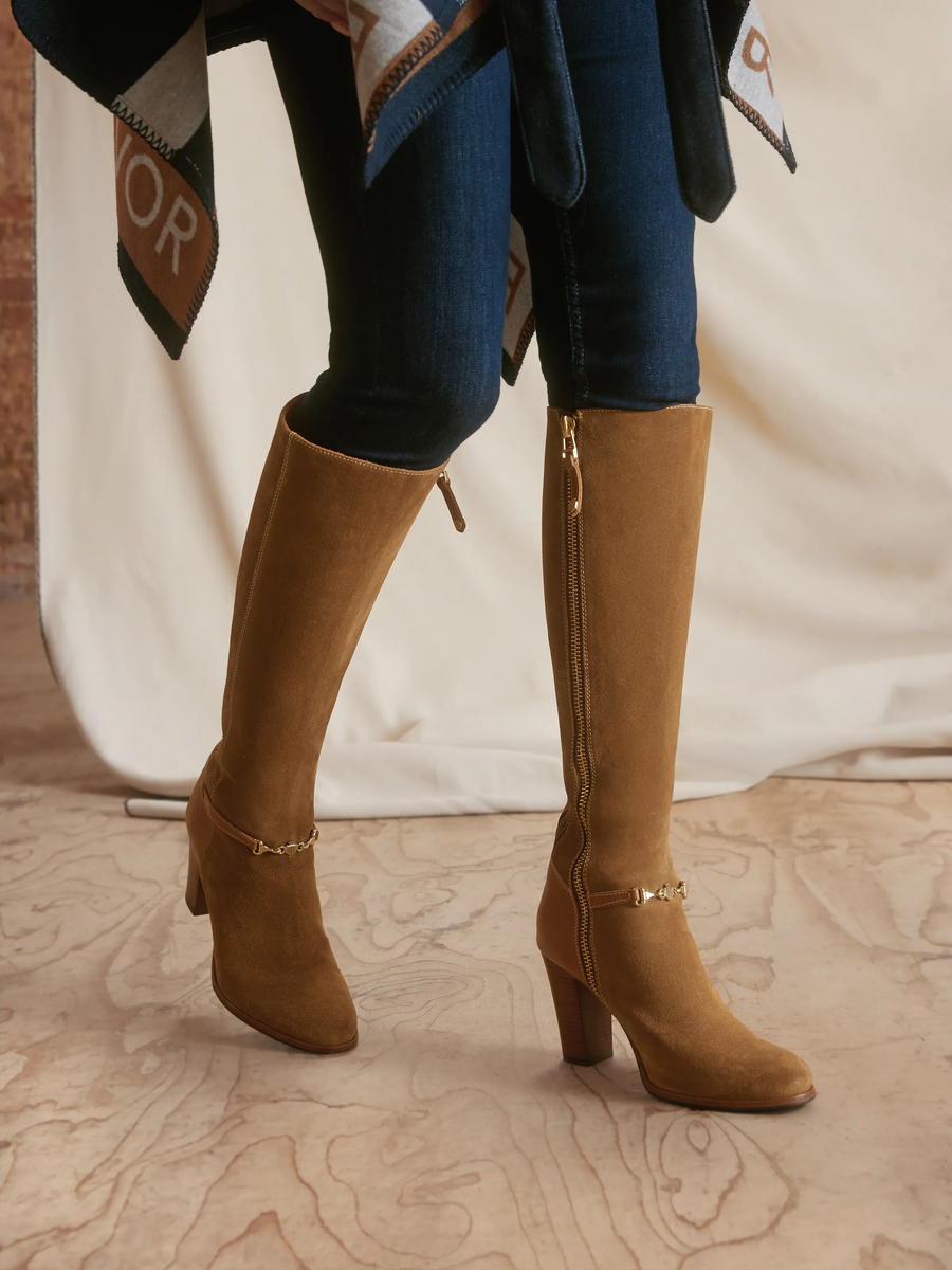 The Octavia - Women's Tall Heeled Boots - Tan Suede, Regular Calf