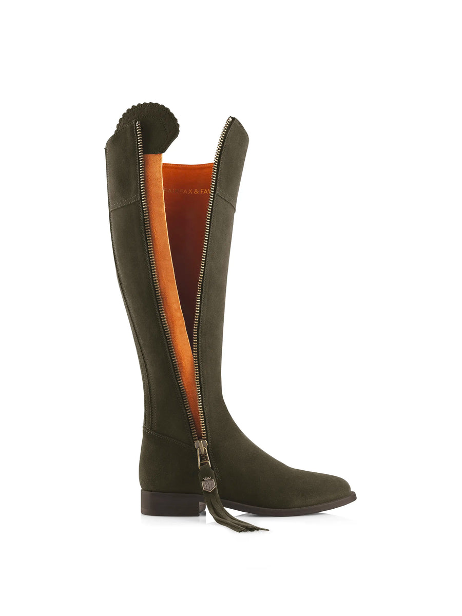 The Regina - Women's Tall Boots - Moss Green Suede, Narrow Calf
