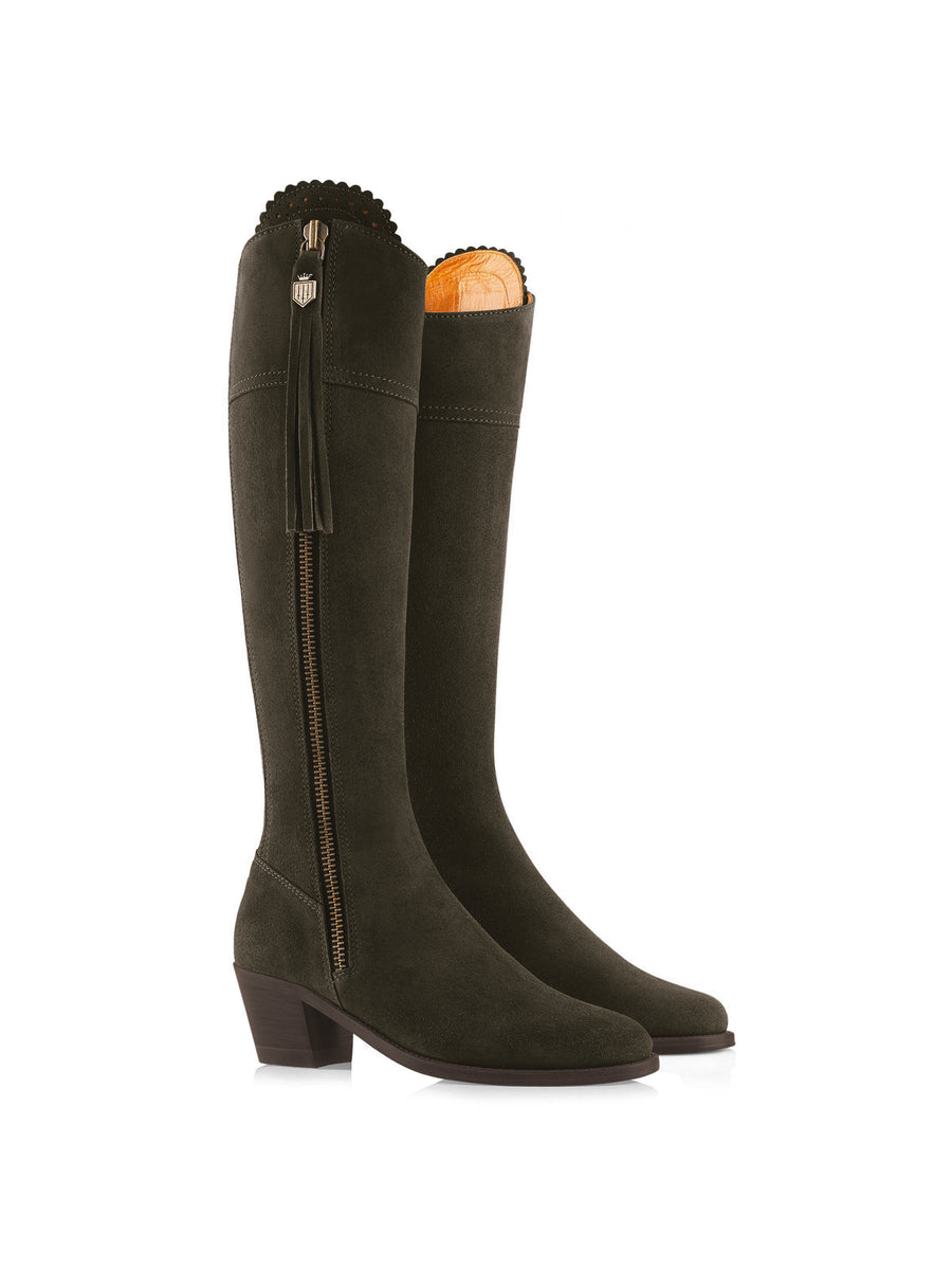 The Regina - Women's Tall Heeled Boots - Moss Green Suede, Narrow Calf