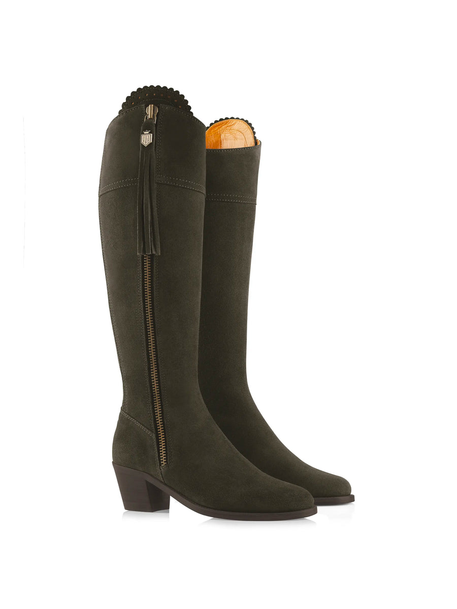 The Regina - Women's Tall Heeled Boots - Moss Green Suede, Sporting Calf