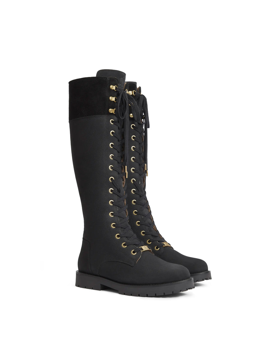 The Anglesey - Women's Knee-High Combat Boots - Black Nubuck & Suede