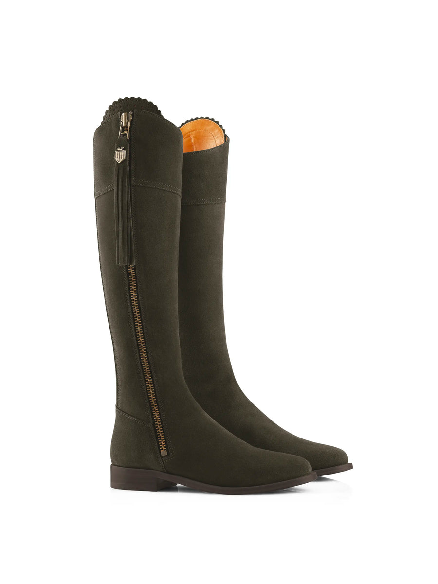 The Regina - Women's Tall Boots - Moss Green Suede, Narrow Calf