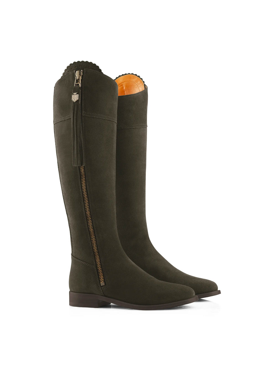 The Regina - Women's Tall Boots - Moss Green Suede, Sporting Calf