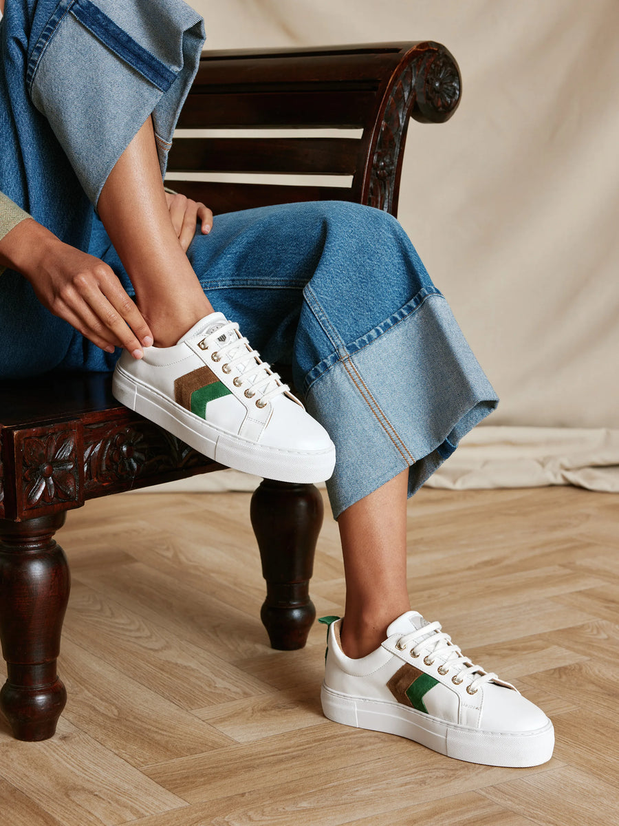 The Alexandra - Women's Trainer - White Leather with Clover Green & Tan