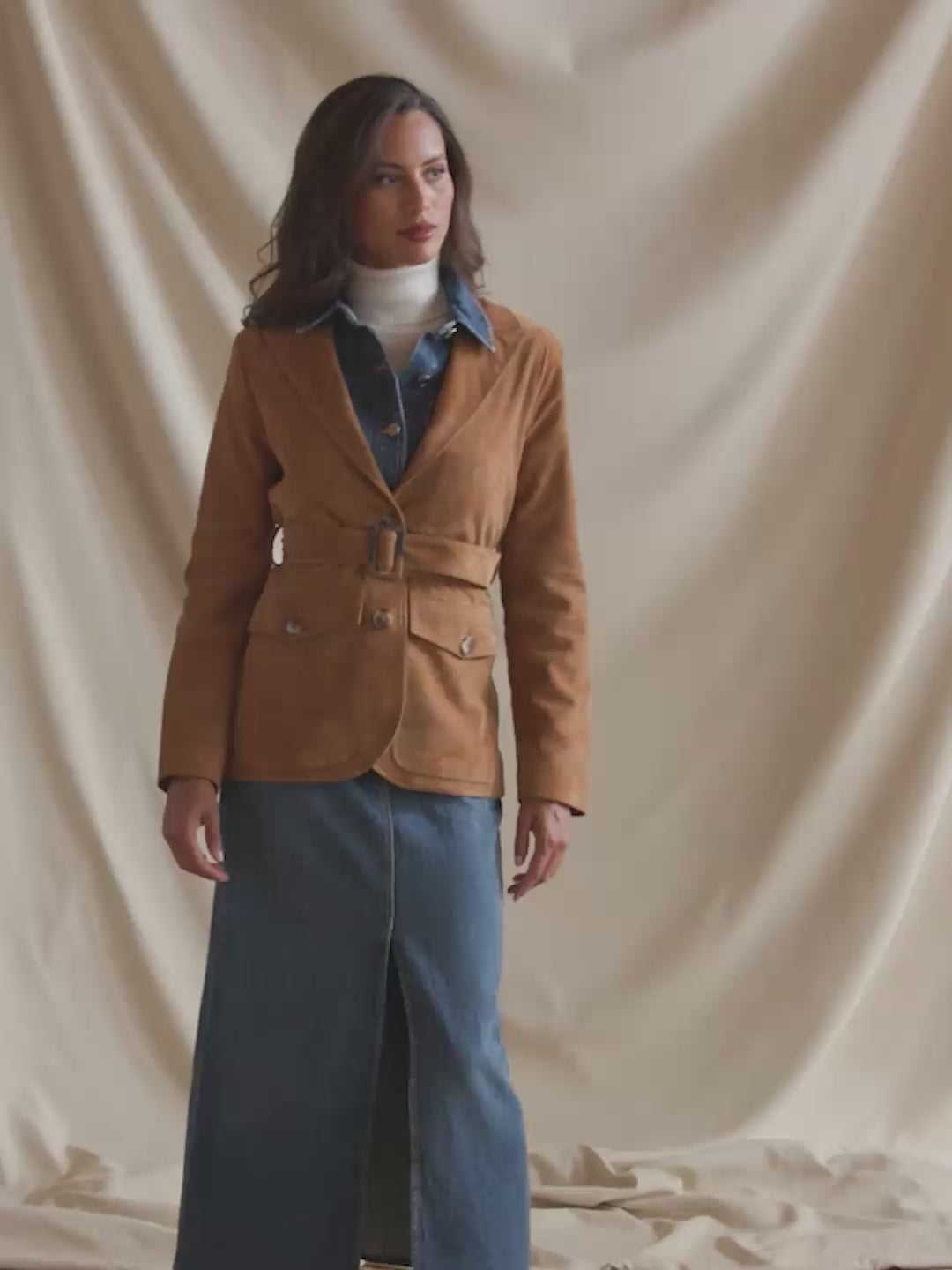 Ophelia - Women's Belted Blazer - Honey Tan Suede | Fairfax & Favor