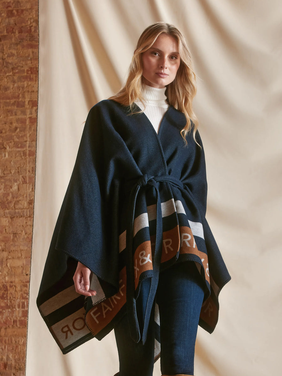 The Rachel - Womens Cape - Navy Tri-Colour Wool