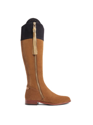 The Regina - Women's Tall Boot - Tan, Navy & Gold Suede, Sporting Calf