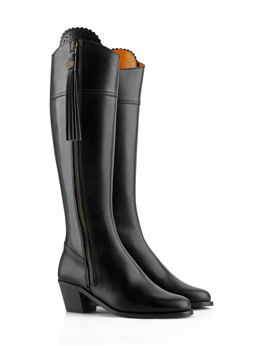 The Regina - Women's Tall Heeled Boots - Black Leather, Regular Calf