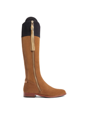 The Regina - Women's Tall Boot - Tan, Navy & Gold Suede, Narrow Calf