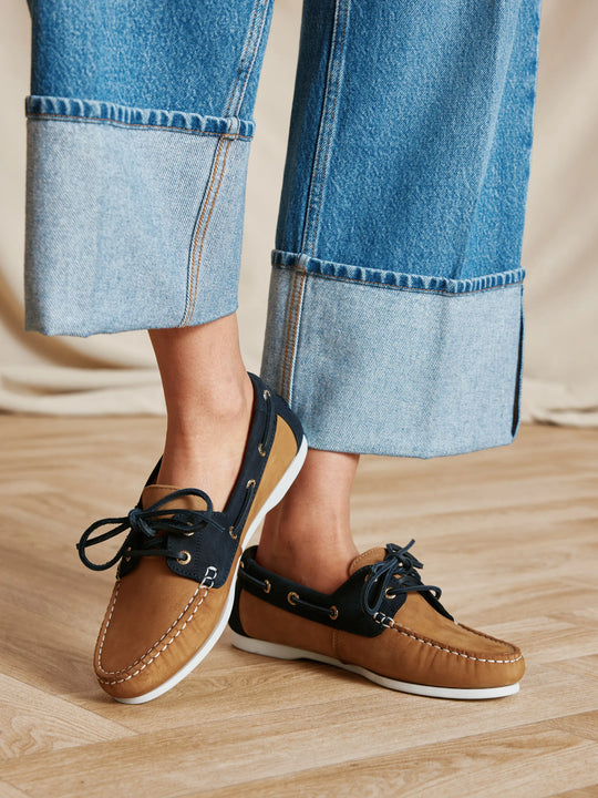 Salcombe - Women's Deck Shoes - Tan & Blue Nubuck | Fairfax & Favor
